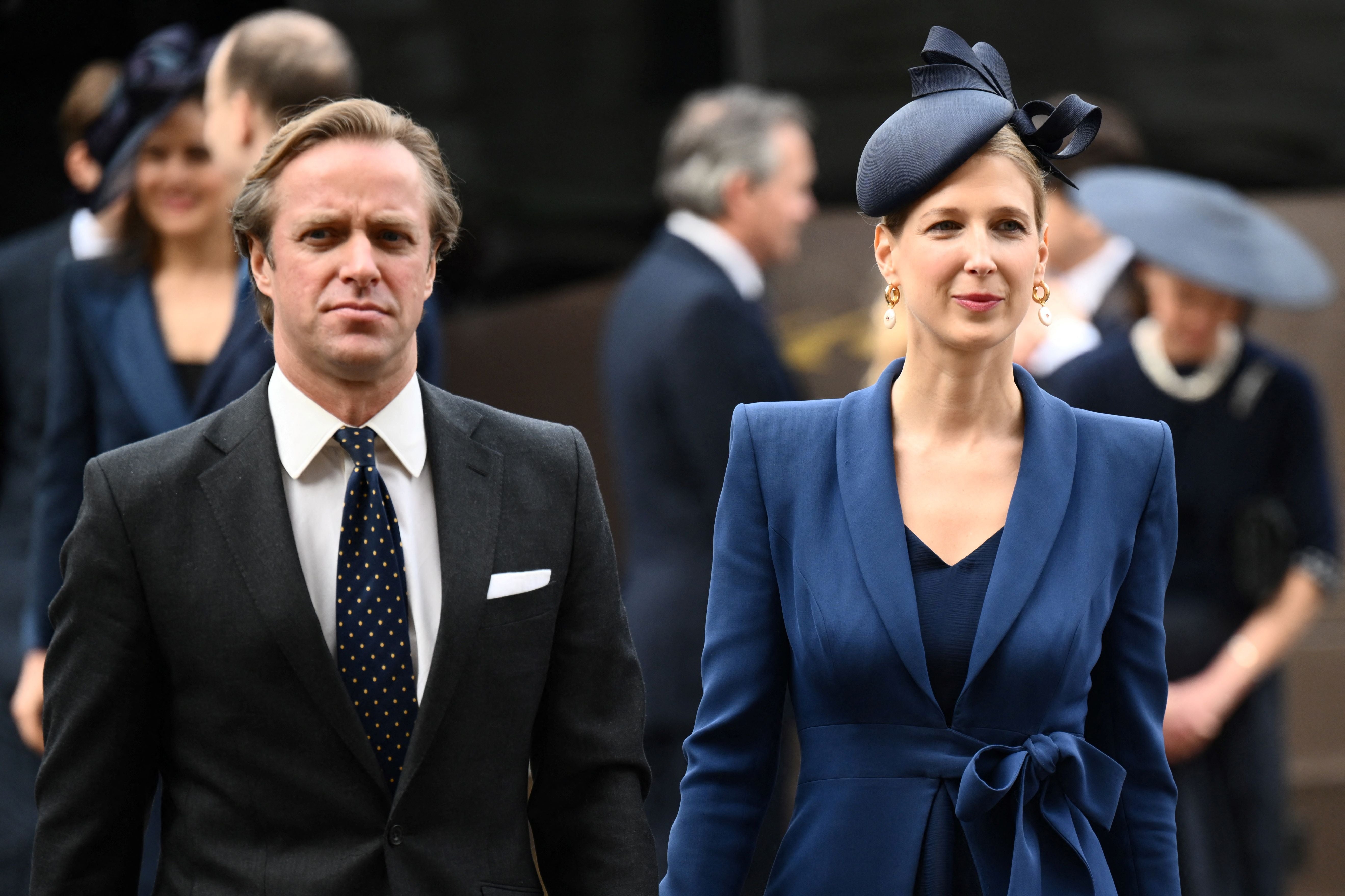 Thomas Kingston and Lady Gabriella Kingston arrive at the Thanksgiving service for Prince Philip at Westminster Abbey in 2022.