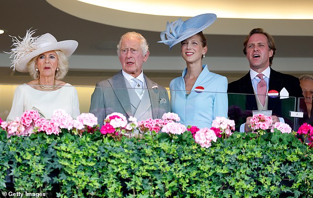 Queen Camilla, King Charles III, Lady Gabriella Windsor and Thomas Kingston watch the Royal Box Race as they attend day 5 of Royal Ascot 2023.