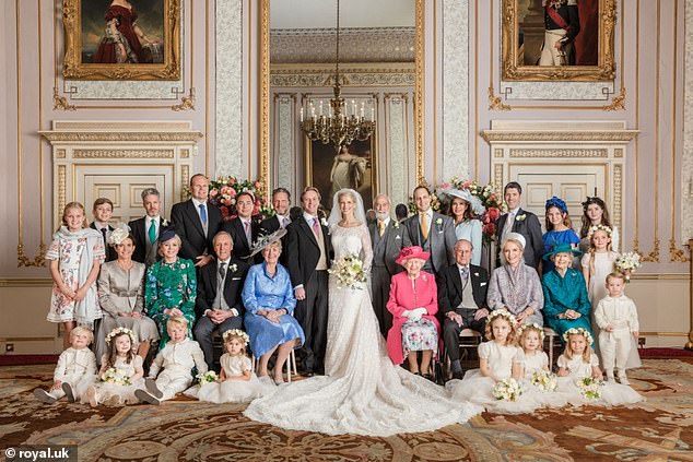 Lady Gabriella and Thomas Kingston had official photos taken on their wedding day - here with the Queen and Prince Philip sitting to their right.